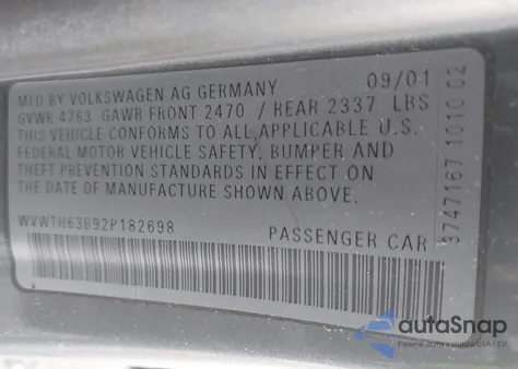 2002 Volkswagen Passat Glx from USA, damaged, VIN WVWTH63B92P182698